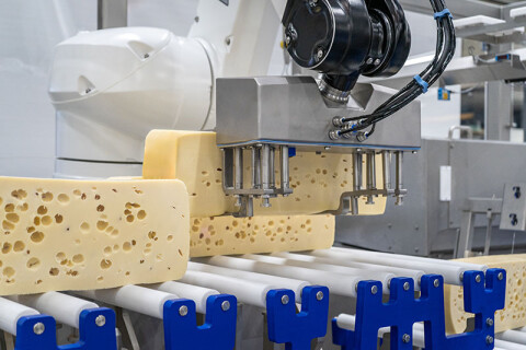 Een robot plaatst staven Emmentaler op de juiste positie voor aanvoer naar de slicer